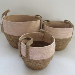 hand made rush plant basket with jute handle can add plastic pot or plastic liner