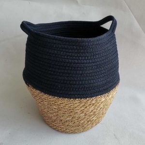 navy blue cotton rope & rush plant belly basket with plastic liner