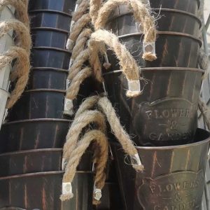 garden flower pot metal planter jute rope handle embossed logo