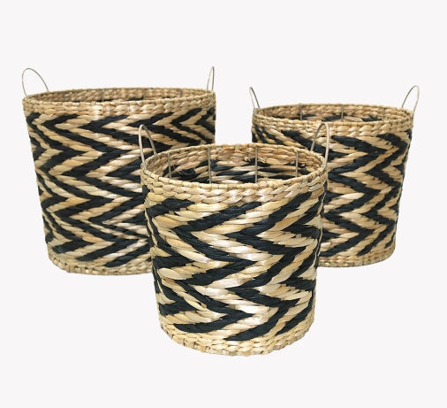 hand woven natural and black rush and paper storage basket with metal frame